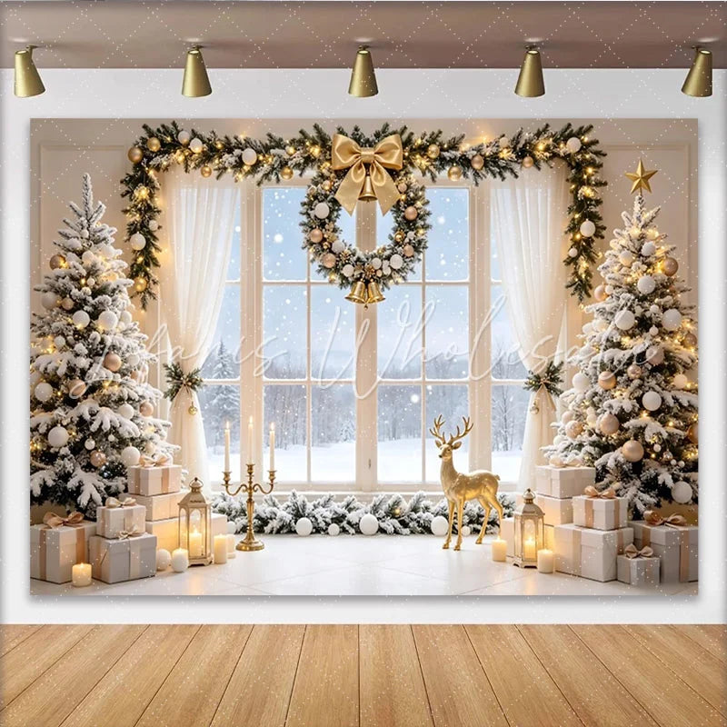 Lofaris Elegant Snowy Christmas Tree Backdrop with Golden Ornaments and Gifts Luxurious Winter Holiday Background for Family Photos