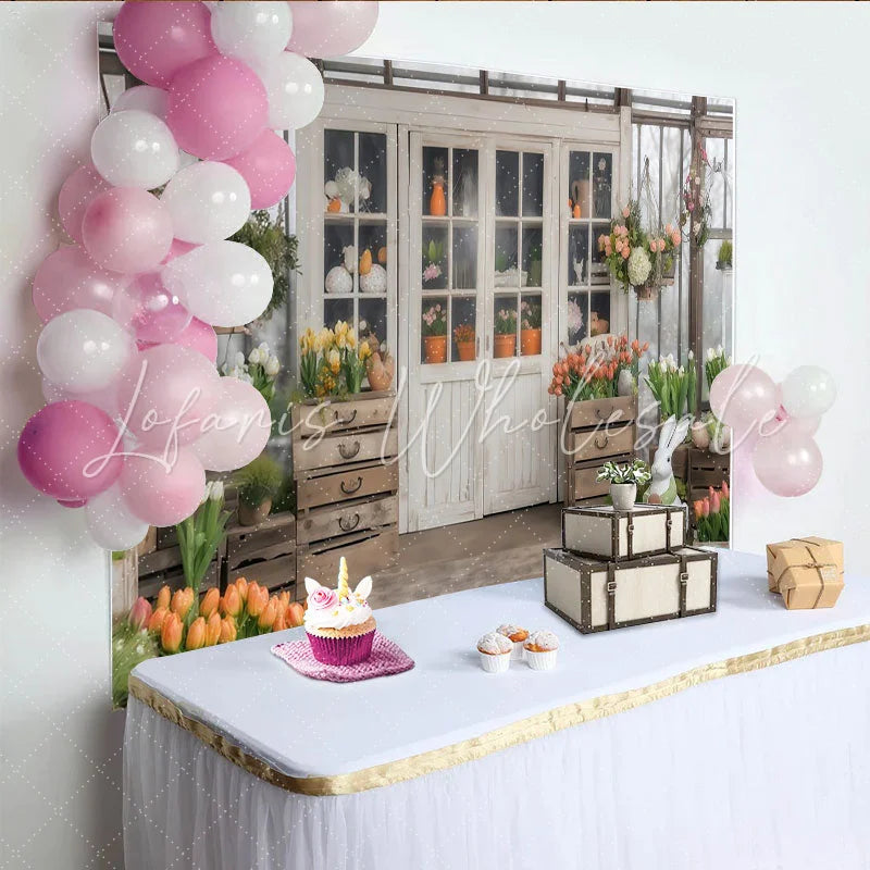 Lofaris Elegant Spring Garden Party Backdrop White Greenhouse Doors with Easter Bunny and Tulips