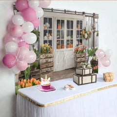 Lofaris Elegant Spring Garden Party Backdrop White Greenhouse Doors with Easter Bunny and Tulips