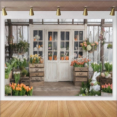 Lofaris Elegant Spring Garden Party Backdrop White Greenhouse Doors with Easter Bunny and Tulips
