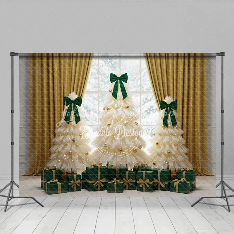Lofaris Elegant Tulle Christmas Tree Photography Backdrop Green Bows and Gold Curtains Whimsical Holiday Photo Background