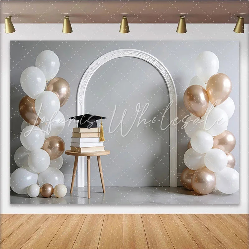 Lofaris Elegant White and Rose Gold Graduation Backdrop with Cap and Books Stylish Photo Booth Prop for Celebration Party Decor