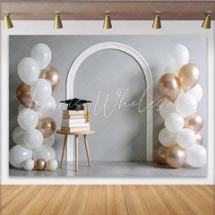 Lofaris Elegant White and Rose Gold Graduation Backdrop with Cap and Books Stylish Photo Booth Prop for Celebration Party Decor