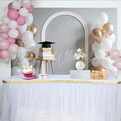 Lofaris Elegant White and Rose Gold Graduation Backdrop with Cap and Books Stylish Photo Booth Prop for Celebration Party Decor
