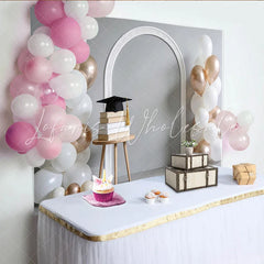 Lofaris Elegant White and Rose Gold Graduation Backdrop with Cap and Books Stylish Photo Booth Prop for Celebration Party Decor