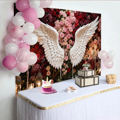 Lofaris Elegant White Angel Wings and Red Pink Roses Floral Party Backdrop Romantic Wedding Engagement Celebration Decor