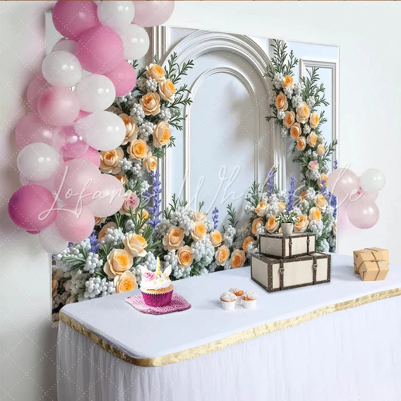 Lofaris Elegant White Arch Floral Photography Backdrop with Peach Roses Romantic Background for Engagement Party Photoshoot