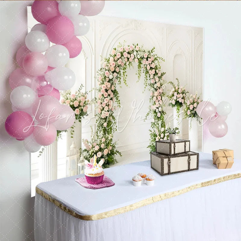 Lofaris Elegant White Arch Floral Photography Backdrop with Pink Roses Beautiful Wedding Photo Background for Bridal Shower Party Decor