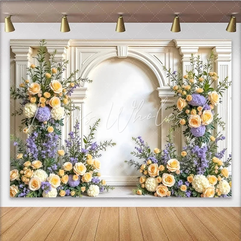 Lofaris Elegant White Arch Floral Photography Backdrop with Yellow Roses Lush Greenery Background for Studio Portrait and Event Decor