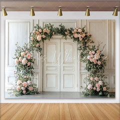 Lofaris Elegant White Door Floral Photography Backdrop with Pink Roses Romantic Greenery Background for Wedding or Studio Photoshoot