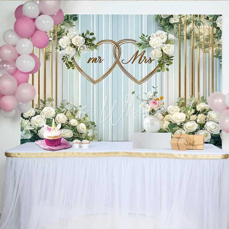 Lofaris Elegant White Floral Mr and Mrs Wedding Backdrop Gold Hearts Ceremony and Reception Decoration
