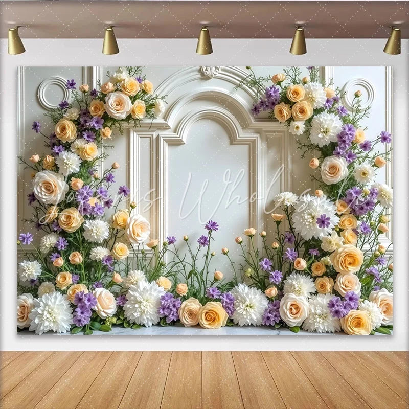Lofaris Elegant White Floral Photography Backdrop with Roses and Dahlias Beautiful Studio Background for Wedding or Event Photoshoot