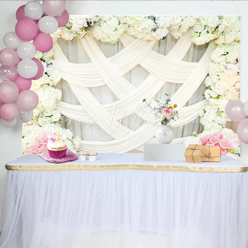 Lofaris Elegant White Floral Wedding Backdrop with Pink Roses and Drapes Romantic Photography Background for Bridal Shower Party
