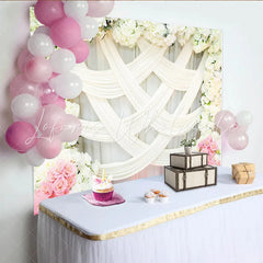 Lofaris Elegant White Floral Wedding Backdrop with Pink Roses and Drapes Romantic Photography Background for Bridal Shower Party