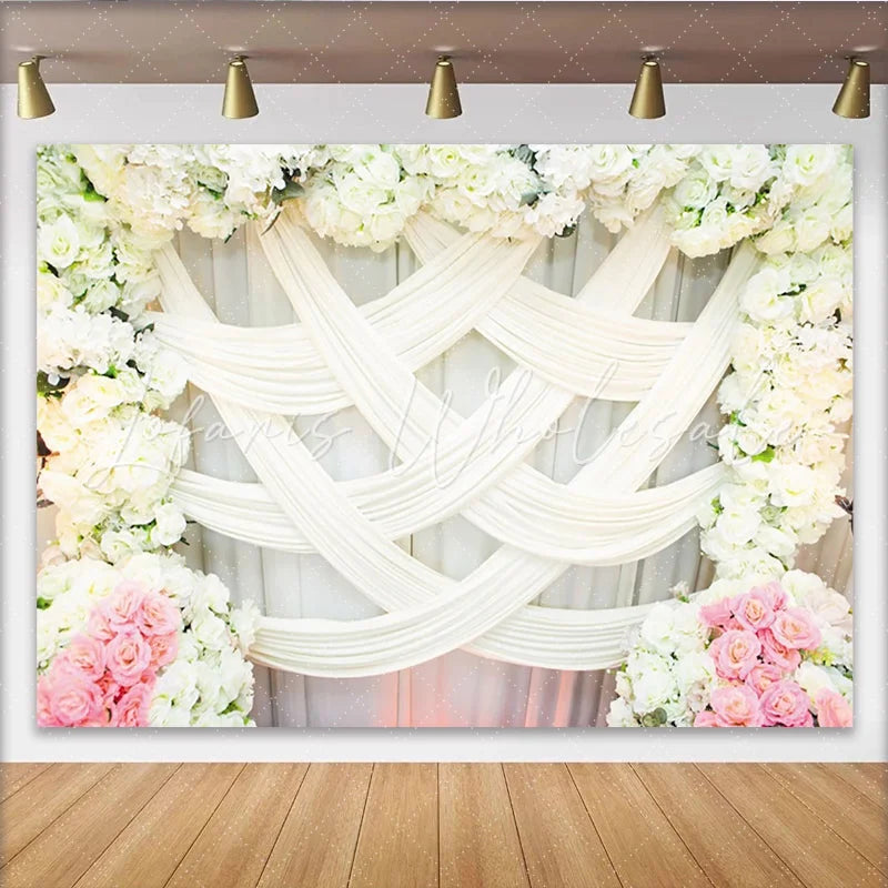 Lofaris Elegant White Floral Wedding Backdrop with Pink Roses and Drapes Romantic Photography Background for Bridal Shower Party