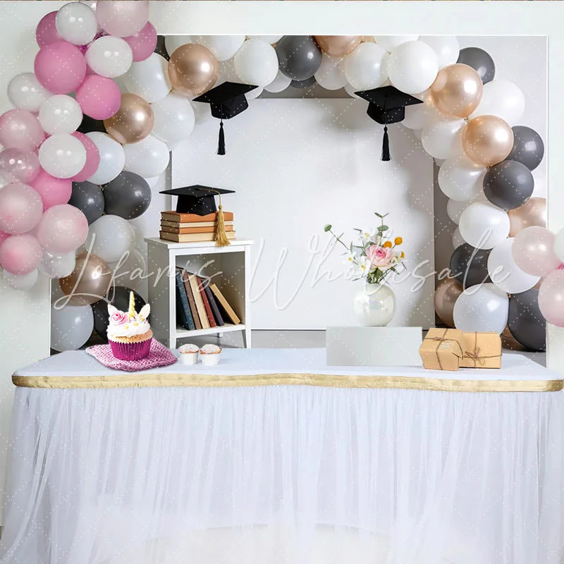 Lofaris Elegant White Grey Rose Gold Balloon Arch Graduation Backdrop with Caps and Books Stylish Photo Booth for Party Decor