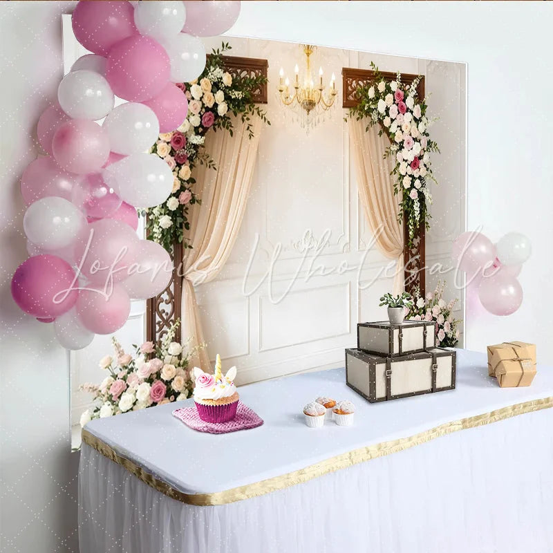 Lofaris Elegant White Paneled Wall Wedding Backdrop with Floral Arches and Drapes Romantic Photo Booth Background for Ceremony