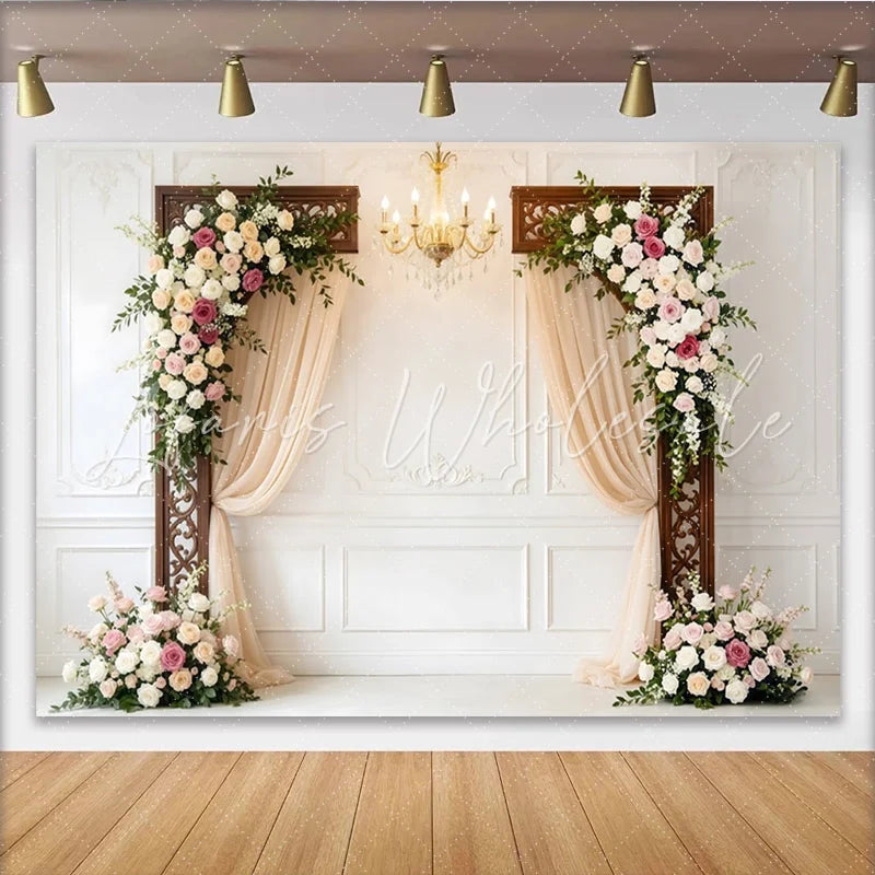 Lofaris Elegant White Paneled Wall Wedding Backdrop with Floral Arches and Drapes Romantic Photo Booth Background for Ceremony