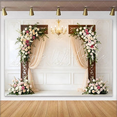 Lofaris Elegant White Paneled Wall Wedding Backdrop with Floral Arches and Drapes Romantic Photo Booth Background for Ceremony