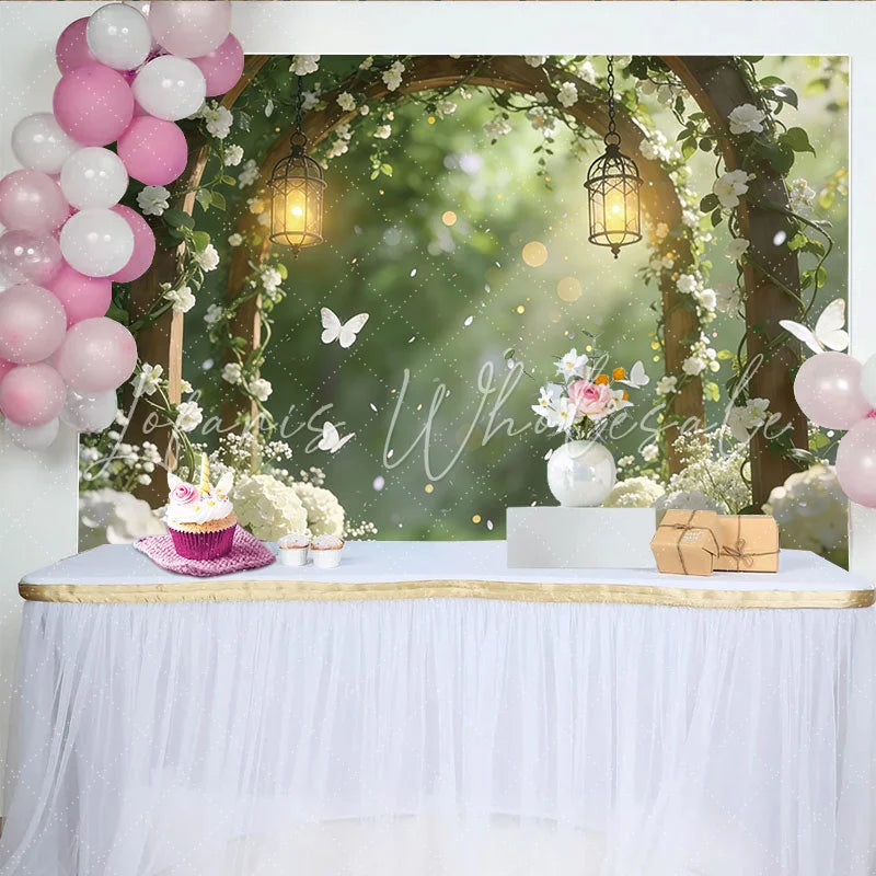 Lofaris Elegant Wooden Arch Wedding Backdrop with White Flowers and Lanterns Romantic Garden Photography Background for Ceremony