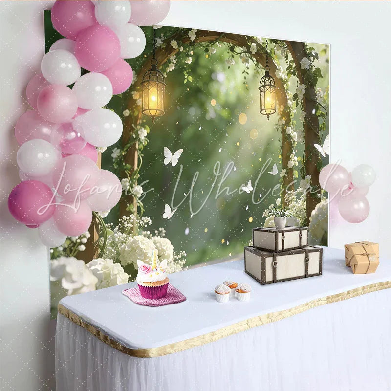 Lofaris Elegant Wooden Arch Wedding Backdrop with White Flowers and Lanterns Romantic Garden Photography Background for Ceremony