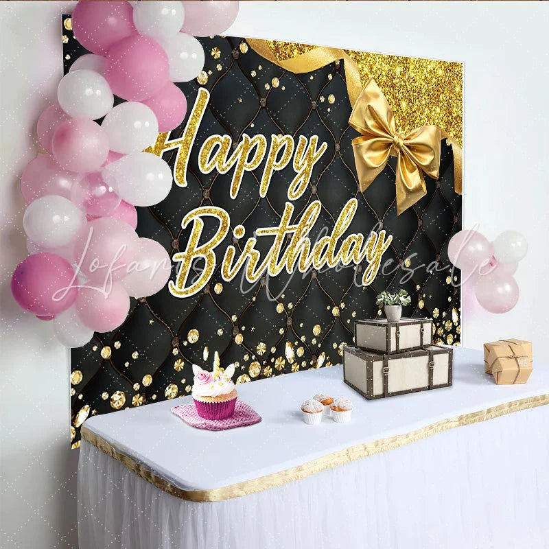 Lofaris Eleganter schwarzer und goldener Happy Birthday Partyhintergrund Glitzer-Diamanten und Schleife für luxuriöse Feiern