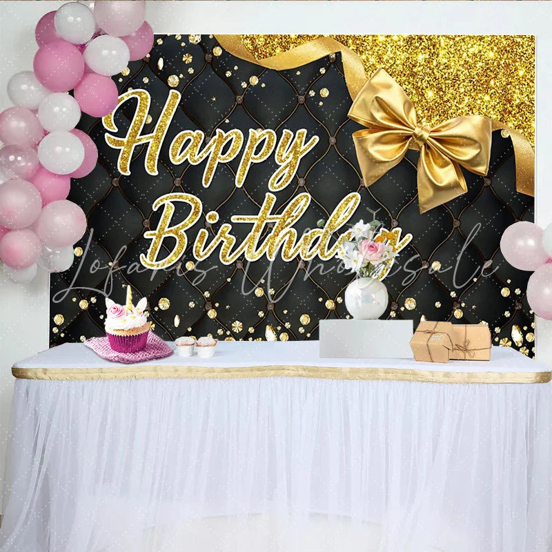 Lofaris Eleganter schwarzer und goldener Happy Birthday Partyhintergrund Glitzer-Diamanten und Schleife für luxuriöse Feiern