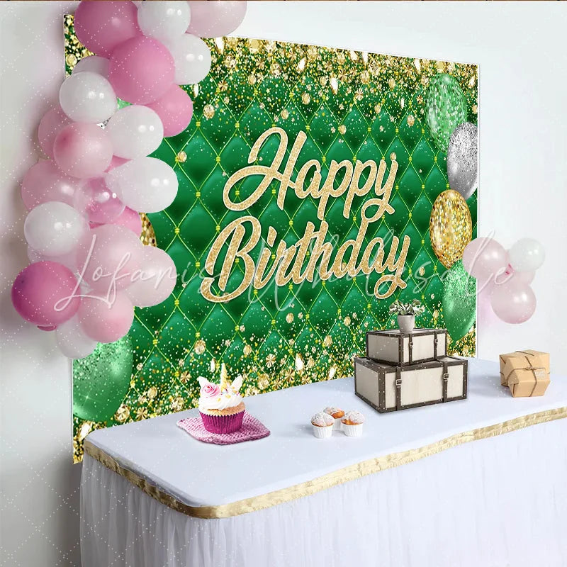 Lofaris Emerald Green Tufted Happy Birthday Backdrop with Gold Glitter Balloons Luxurious Party Background for Photo Booth Decor