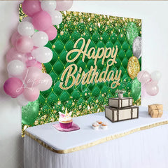 Lofaris Emerald Green Tufted Happy Birthday Backdrop with Gold Glitter Balloons Luxurious Party Background for Photo Booth Decor