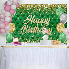 Lofaris Emerald Green Tufted Happy Birthday Backdrop with Gold Glitter Balloons Luxurious Party Background for Photo Booth Decor