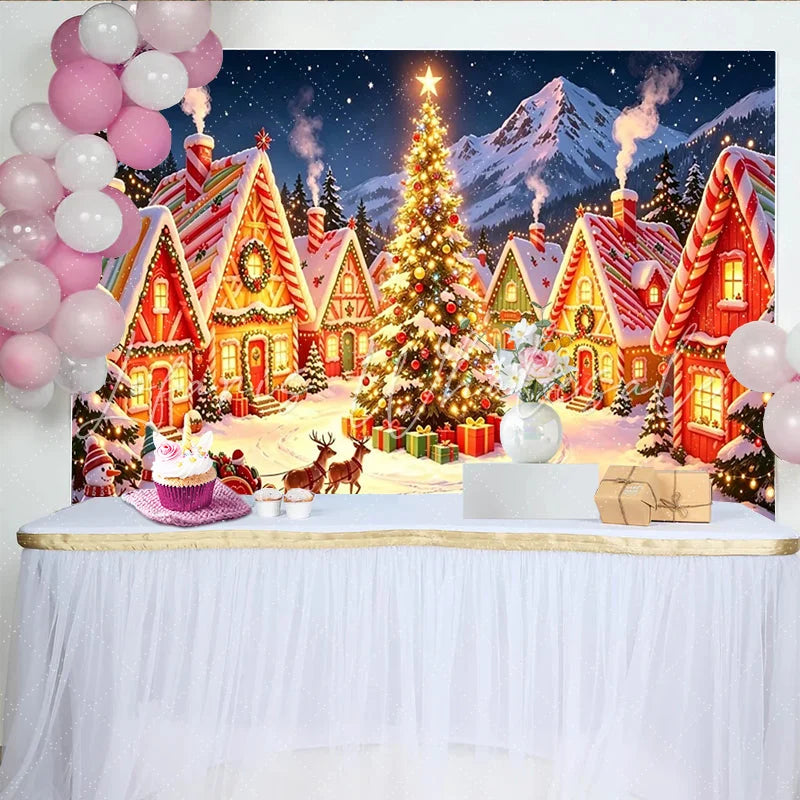 Lofaris Enchanted Christmas Village Backdrop with Snowy Houses and Bright Tree Magical Winter Scene Background for Festive Celebrations