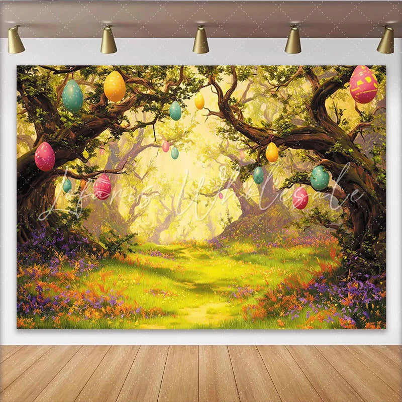 Lofaris Enchanted Easter Forest Photography Backdrop with Eggs and Lush Greenery Spring Holiday Party Background for Photoshoot