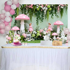 Lofaris Enchanted Fairy and Pink Mushroom Spring Backdrop Floral Vine Forest Girls Birthday Background