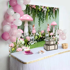 Lofaris Enchanted Fairy and Pink Mushroom Spring Backdrop Floral Vine Forest Girls Birthday Background