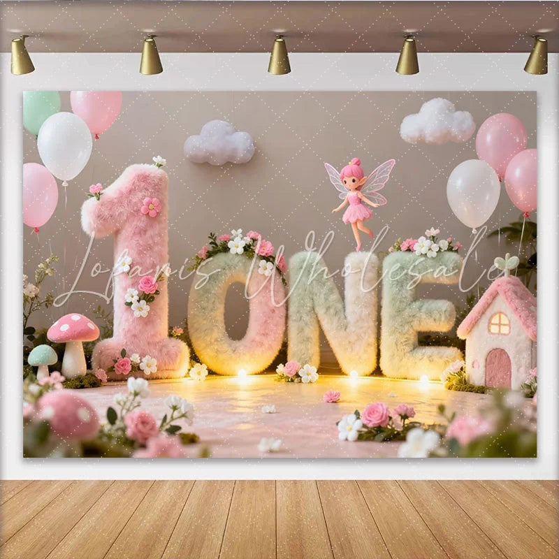 Lofaris Enchanted Fairy Garden First Birthday Party Backdrop Fluffy Pastel ONE Letters with Flowers and Balloons