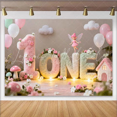 Lofaris Enchanted Fairy Garden First Birthday Party Backdrop Fluffy Pastel ONE Letters with Flowers and Balloons