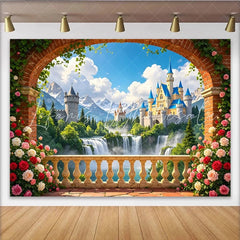 Lofaris Enchanted Fairytale Castle Photography Backdrop with Archway and Roses Dreamy Mountain Waterfall Background for Princess Party Decor