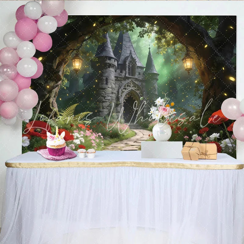 Lofaris Enchanted Forest Castle Photography Backdrop with Glowing Fireflies and Red Poppies Magical Photo Studio Background for Portraits