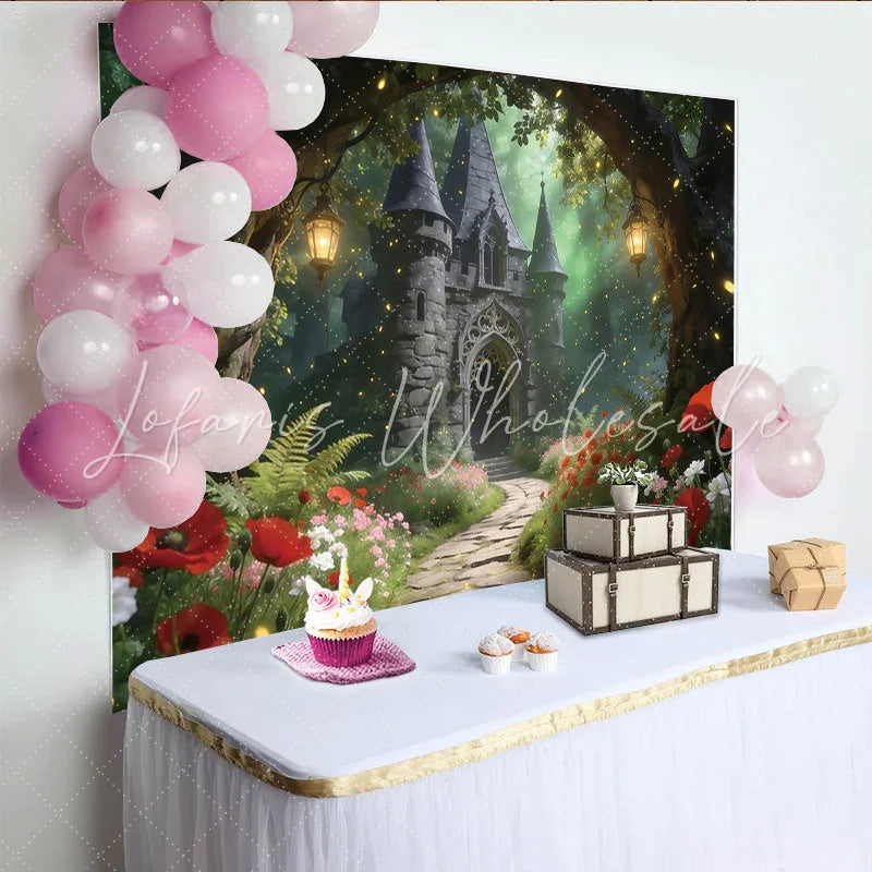 Lofaris Enchanted Forest Castle Photography Backdrop with Glowing Fireflies and Red Poppies Magical Photo Studio Background for Portraits