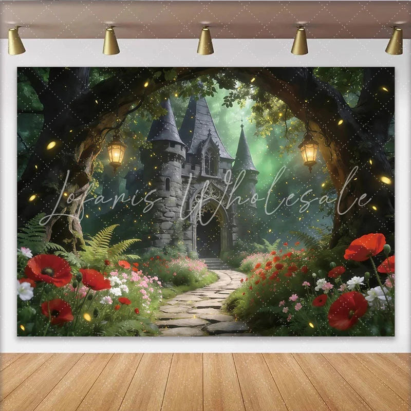 Lofaris Enchanted Forest Castle Photography Backdrop with Glowing Fireflies and Red Poppies Magical Photo Studio Background for Portraits