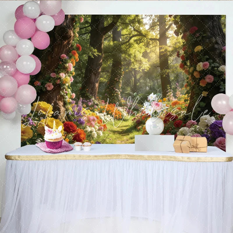 Lofaris Enchanted Forest Floral Photography Backdrop with Lush Trees and Sunlit Path Magical Studio Background for Photoshoot Decor