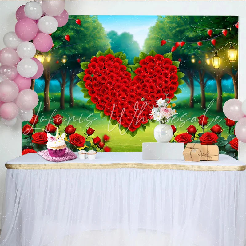 Lofaris Enchanted Forest Heart Backdrop Red Rose Heart and Fairy Lights for Valentines Party