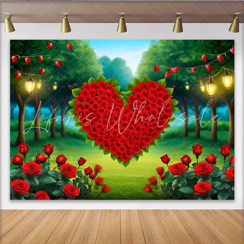 Lofaris Enchanted Forest Heart Backdrop Red Rose Heart and Fairy Lights for Valentines Party