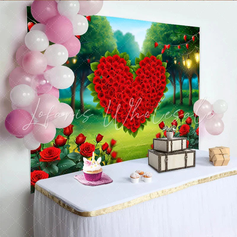 Lofaris Enchanted Forest Heart Backdrop Red Rose Heart and Fairy Lights for Valentines Party