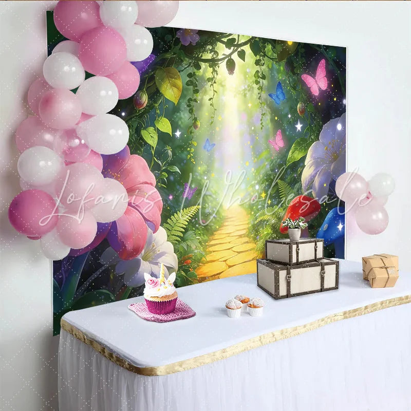 Lofaris Enchanted Forest Photography Backdrop with Butterflies Magical Glowing Path Background for Studio Photoshoot and Decor