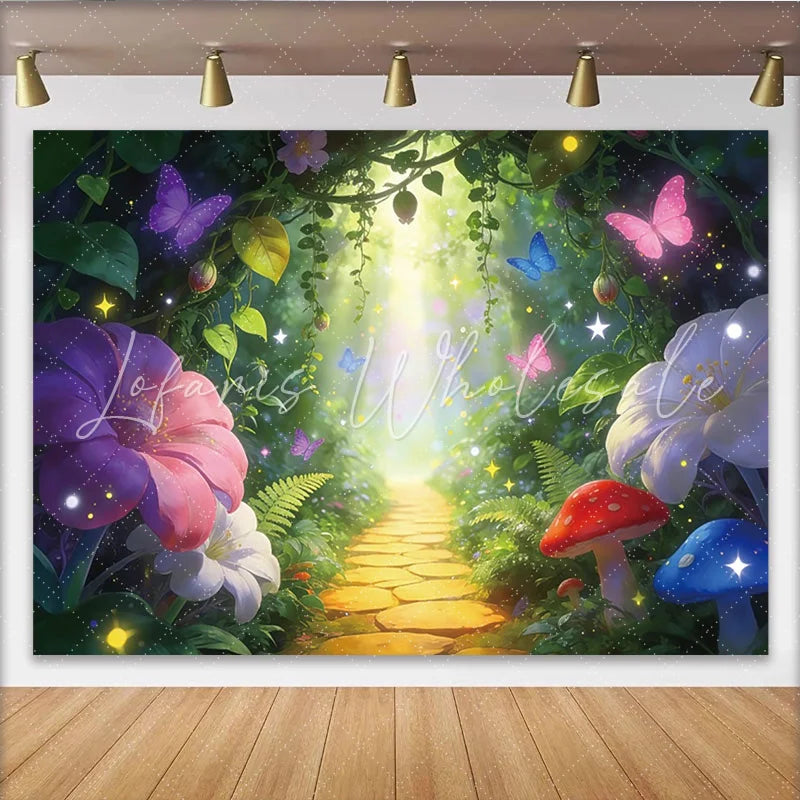 Lofaris Enchanted Forest Photography Backdrop with Butterflies Magical Glowing Path Background for Studio Photoshoot and Decor