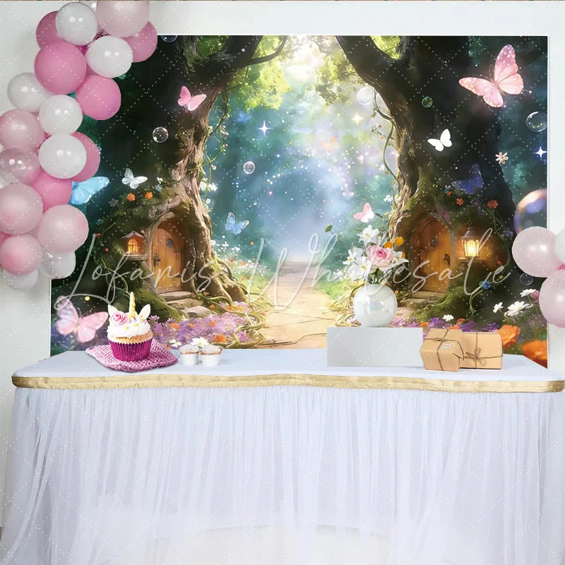 Lofaris Enchanted Forest Photography Backdrop with Fairy Tale Trees Vibrant Flowers and Butterflies Dreamy Studio Background