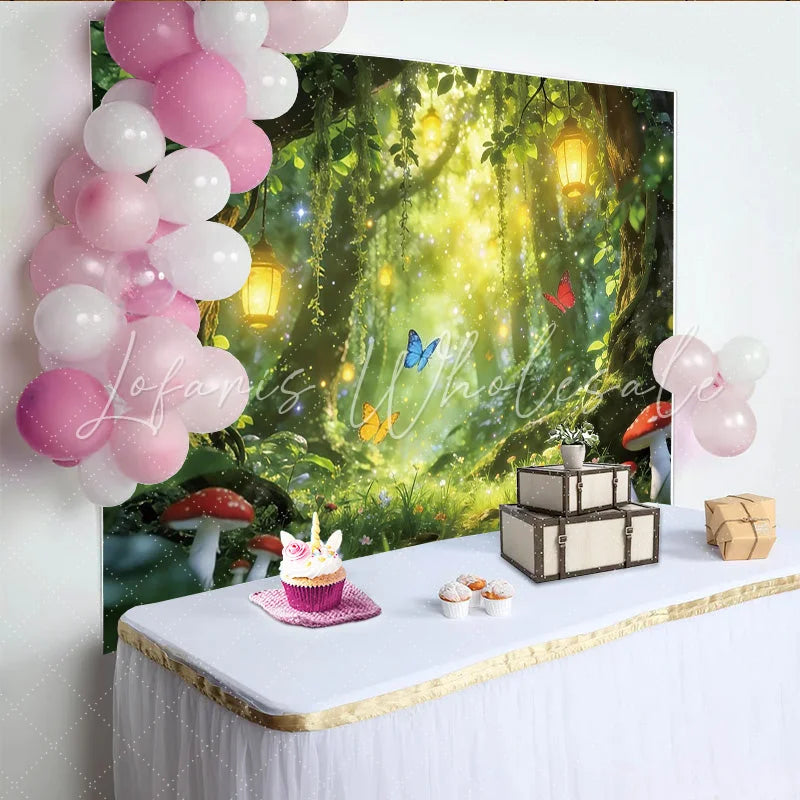 Lofaris Enchanted Forest Photography Backdrop with Glowing Lanterns and Butterflies Magical Studio Background for Professional Portrait