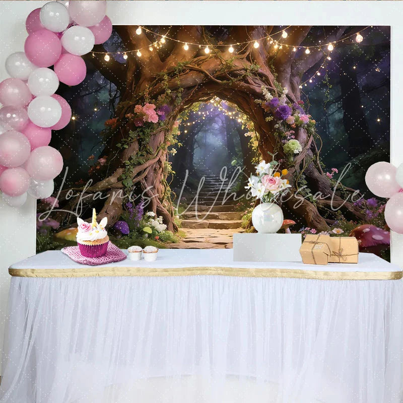 Lofaris Enchanted Forest Photography Backdrop with Tree Arch and Fairy Lights Mystical Woodland Background for Studio Photoshoot