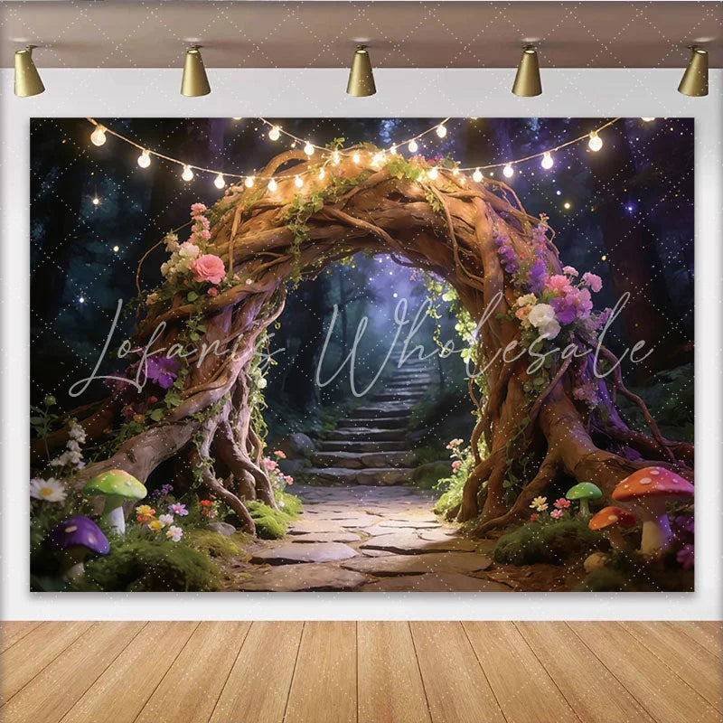 Lofaris Enchanted Forest Photography Backdrop with Tree Arch Fairy Lights and Colorful Flowers Magical Studio Background for Photoshoot